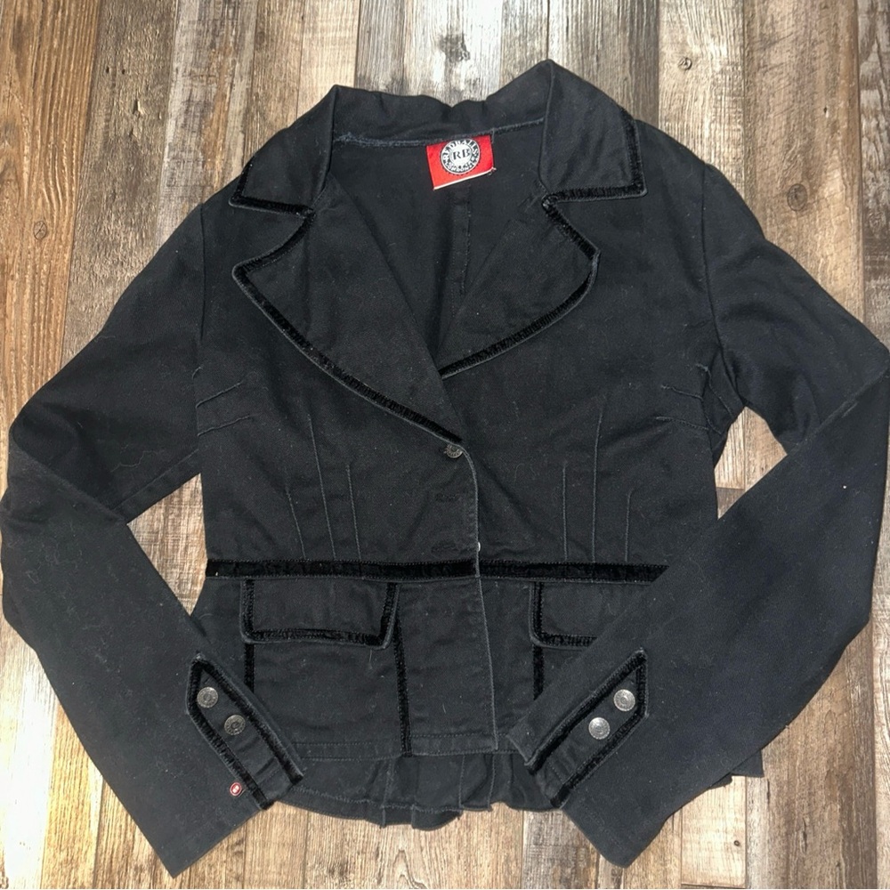 Red Balls On Fire Large Black Denim Jacket Velvet blazer goth redballs steampunk